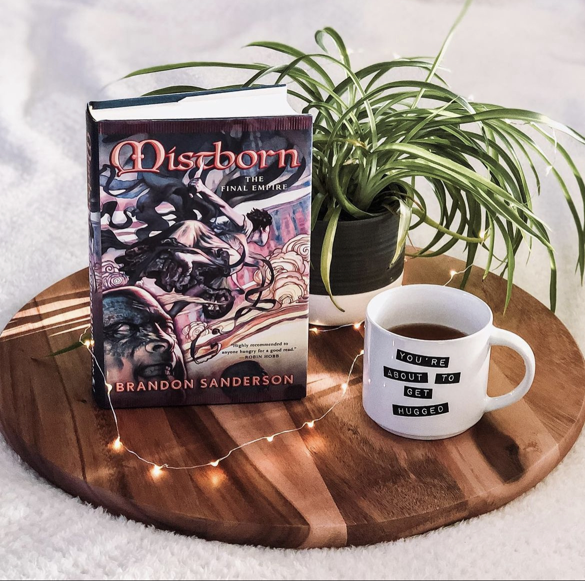 Photo of Mistborn on wooden circle with plant and coffee